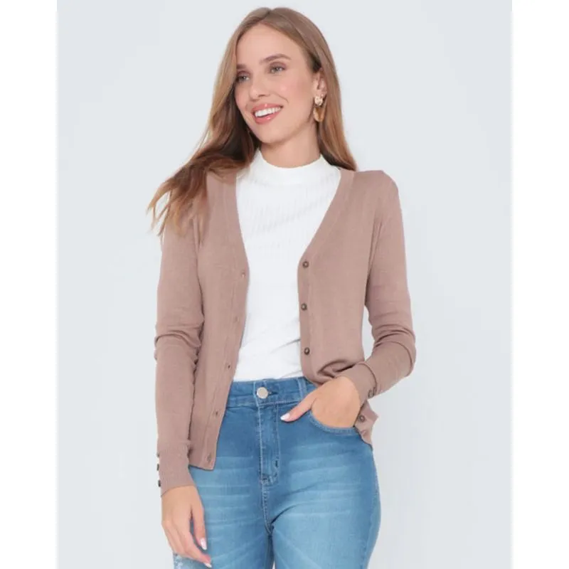 Cardigan Feminino Liso Em Tricô Marrom Claro GG