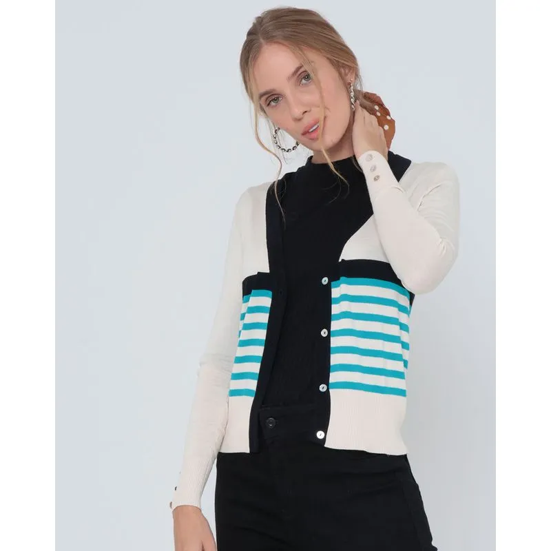 Cardigan Feminino Listrado Em Tricô Off White M