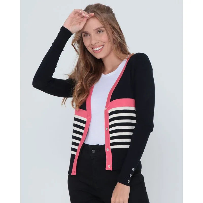 Cardigan Feminino Listrado Em Tricô Azul Marinho G