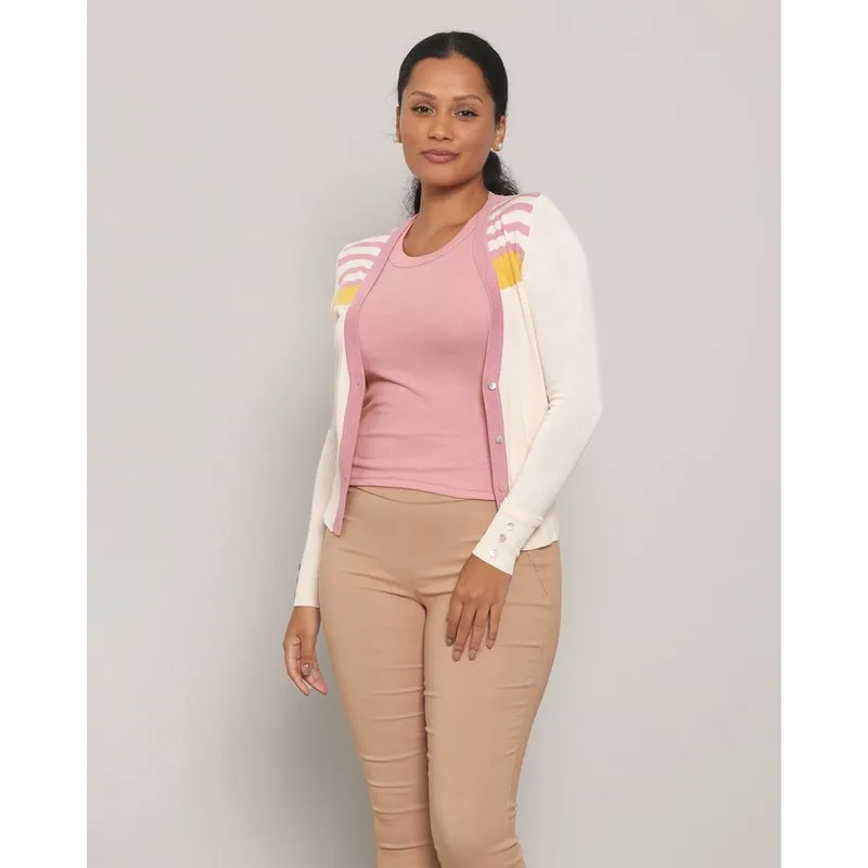 Cardigan Feminino Tricô Manga Longa Listras Com Botão Off White P