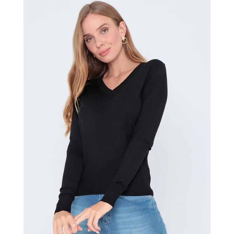 Suéter Feminino Liso Em Tricô Preto GG