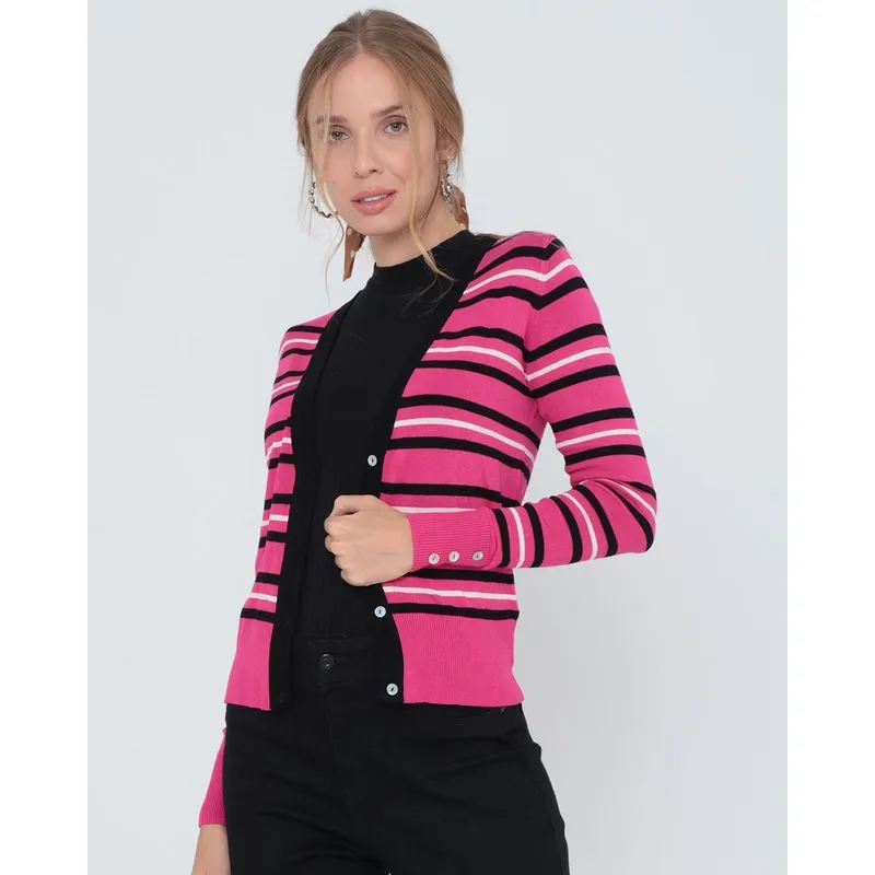 Cardigan Feminino Listrado Em Tricô Rosa P