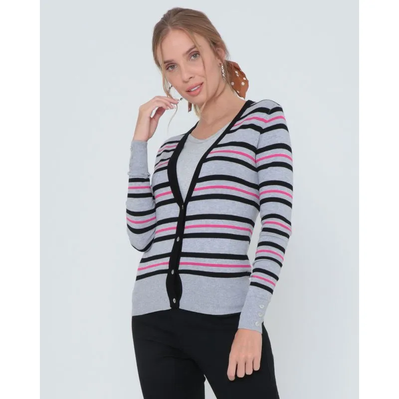 Cardigan Feminino Listrado Em Tricô Cinza G