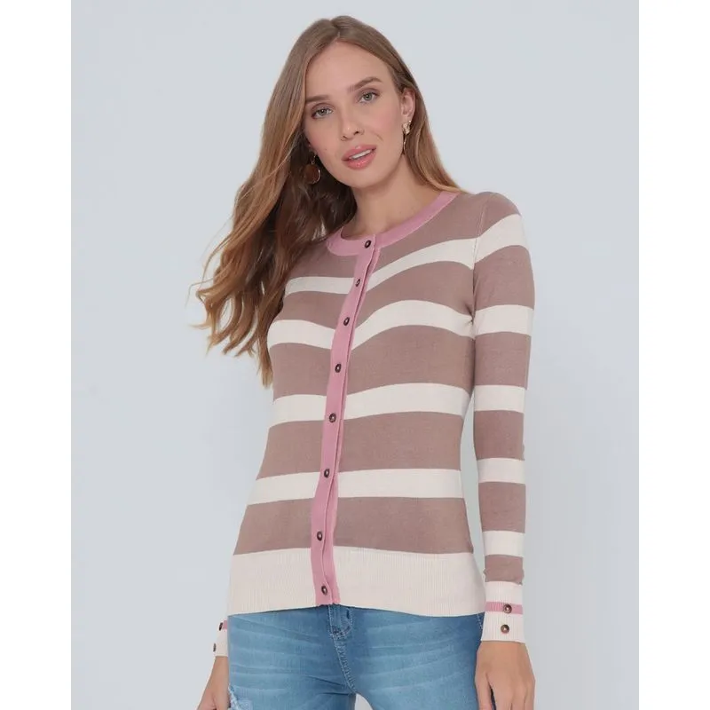 Cardigan Feminino Listrado Em Tricô Bege G