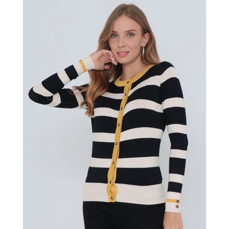 Cardigan Feminino Listrado Em Tricô Marinho G