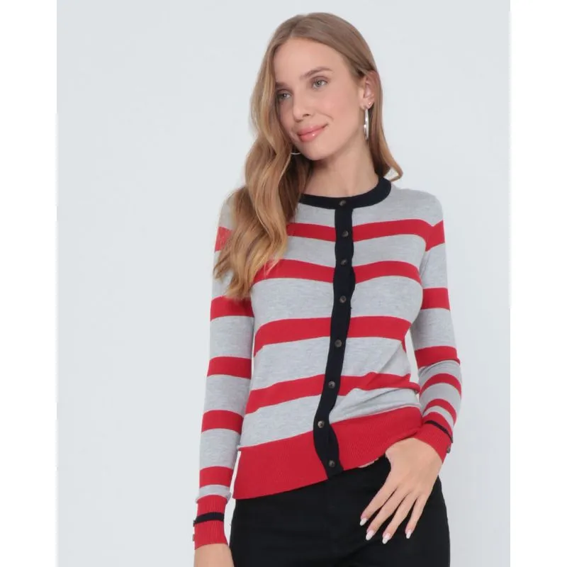 Cardigan Feminino Listrado Em Tricô Cinza GG