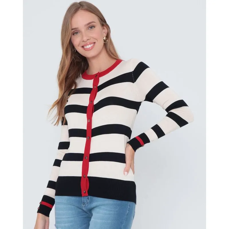 Cardigan Feminino Listrado Em Tricô Off White M