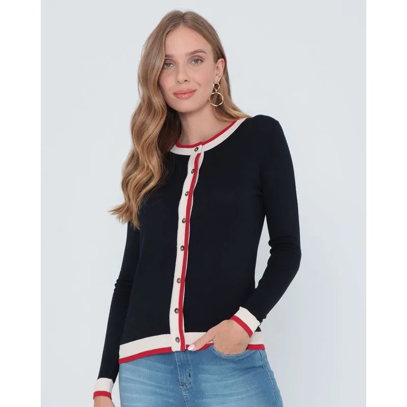 Cardigan Feminino Tricô Tricolor Azul Marinho G