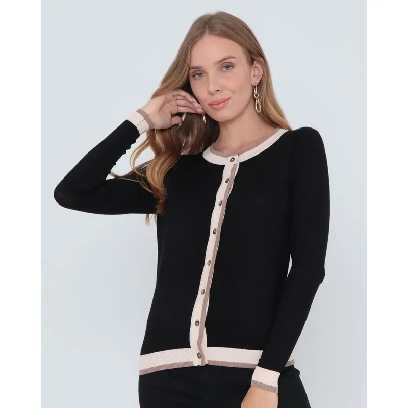 Cardigan Feminino Tricô Tricolor Preto G