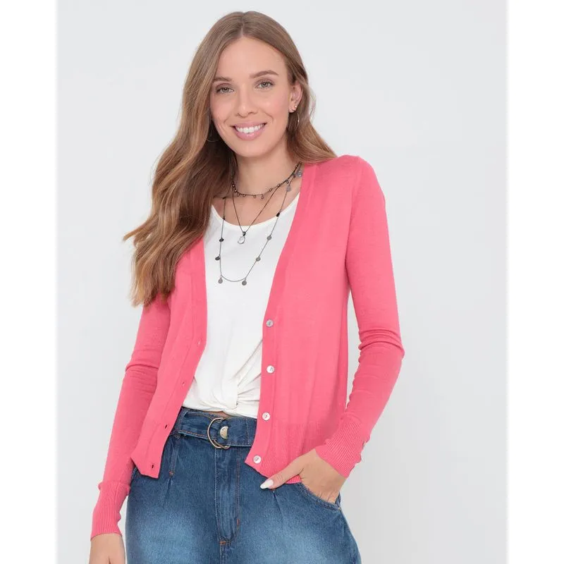 Cardigan Feminino Liso Tricô Rosa G