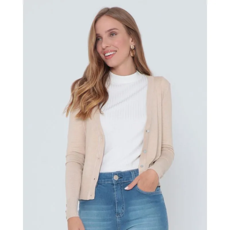 Cardigan Feminino Liso Em Tricô Bege Claro M