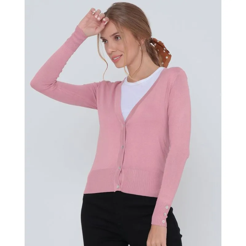 Cardigan Feminino Liso Em Tricô Rosa Claro G