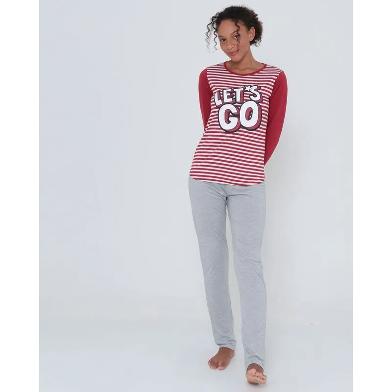 Pijama Longo Estampado Listrado Vermelho GG