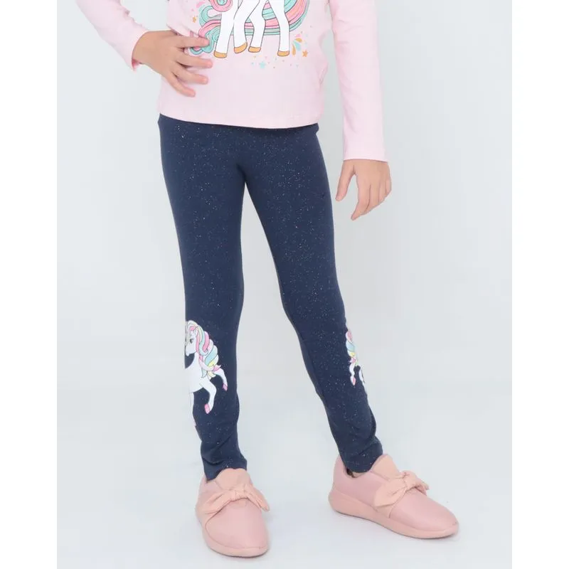 Calça Legging Infantil Unicórnio Glitter Azul Marinho 10