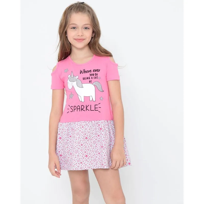 Vestido Infantil Open Shoulder Unicórnio Rosa 8
