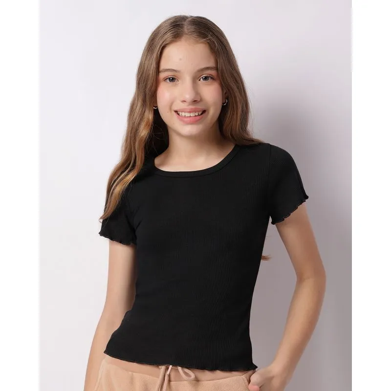 Blusa Juvenil Manga Curta Canelada Básica Preta 14