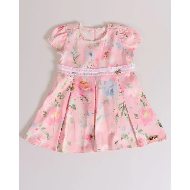Vestido Bebê Manga Curta Festa Estampa Floral Rosa M