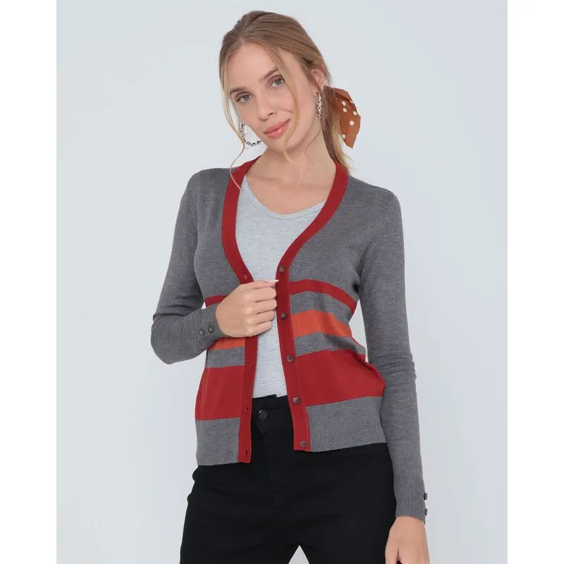 Cardigan Feminino Tricô Listrado Cinza P