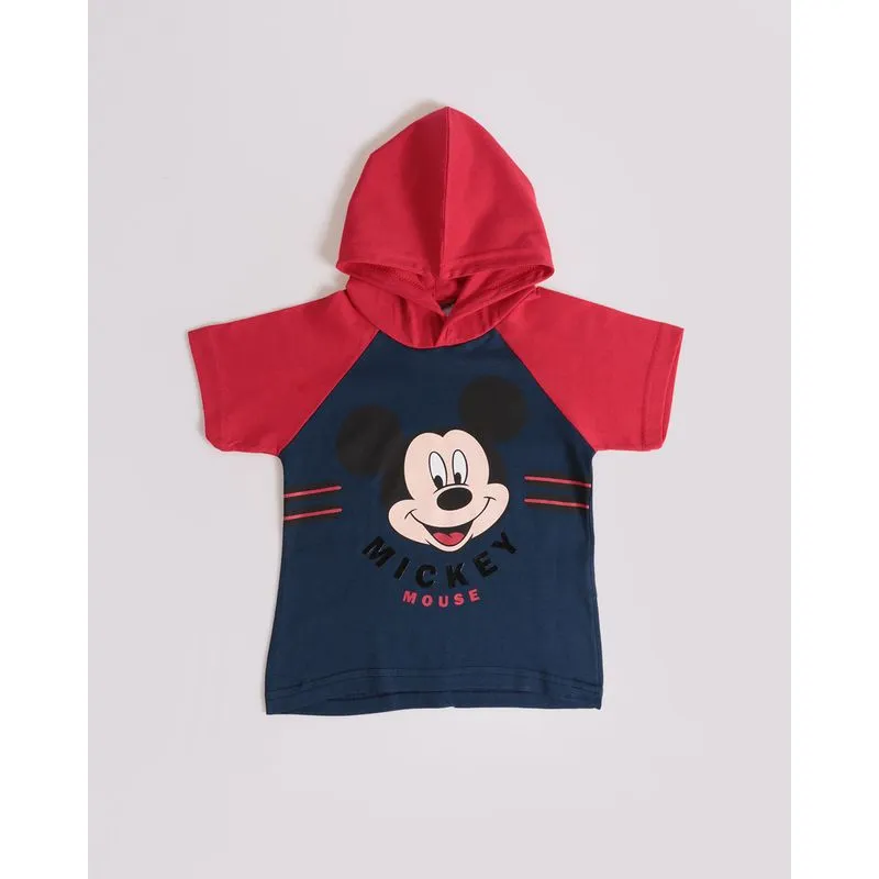 Camiseta Bebê Algodão Disney Mickey Manga Curta com Capuz Marinho 1