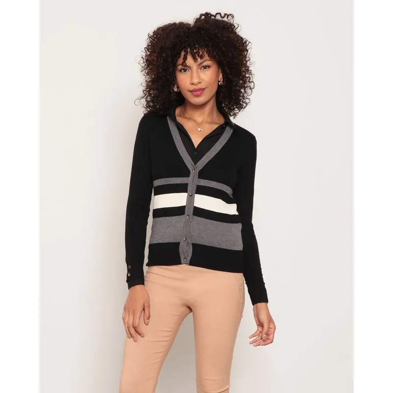 Cardigan Feminino Tricô Listrado Preto M