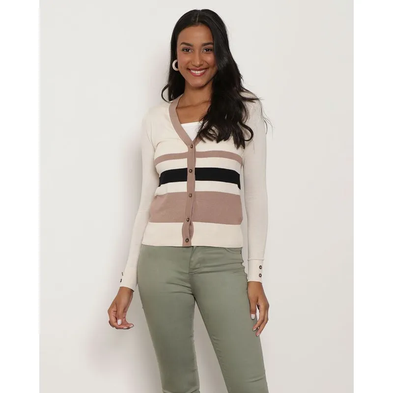 Cardigan Feminino Tricô Listrado Off White M