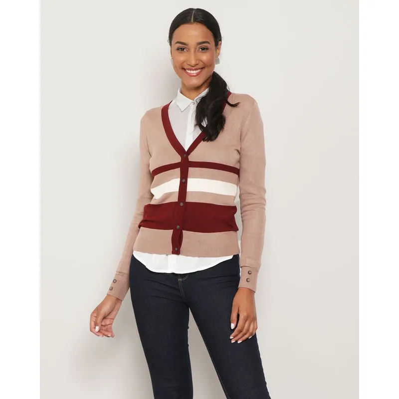 Cardigan Feminino Tricô Listrado Marrom P