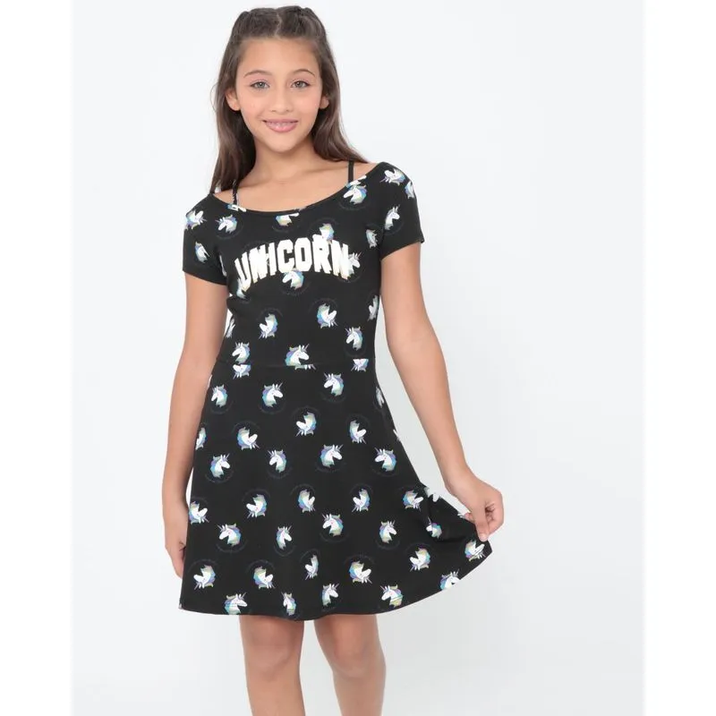 Vestido Juvenil Unicórnios Evasê Preto 16