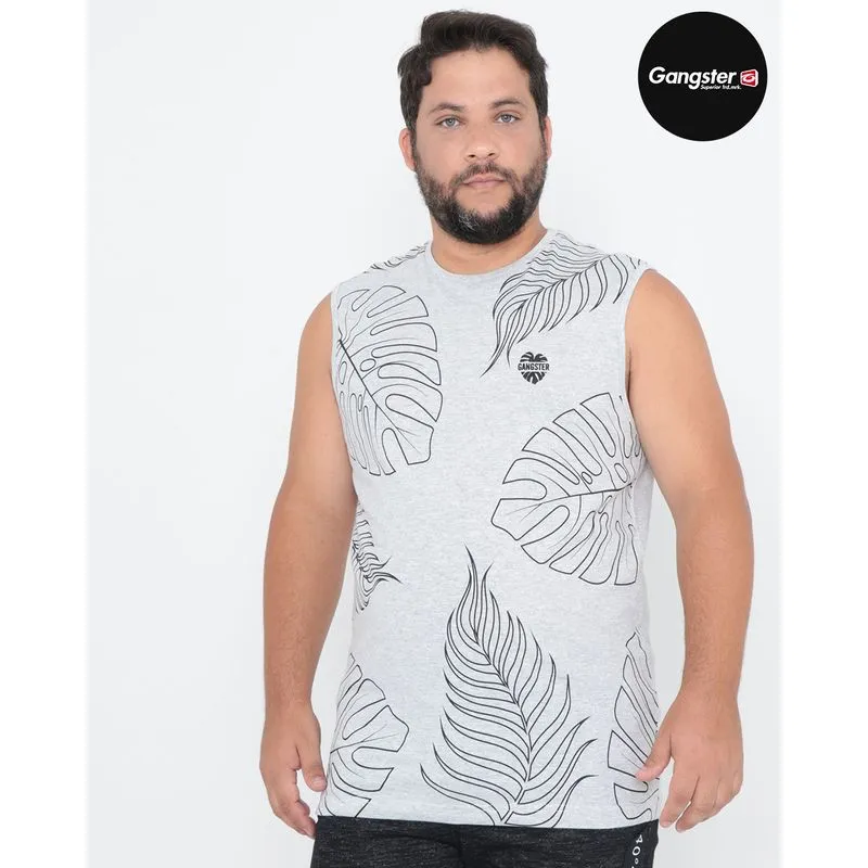 Regata Plus Size Estampa Folhas Gangster Mescla Cinza G2