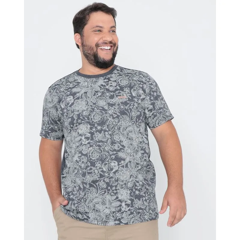 Camiseta Plus Size Floral Mescla Cinza G1