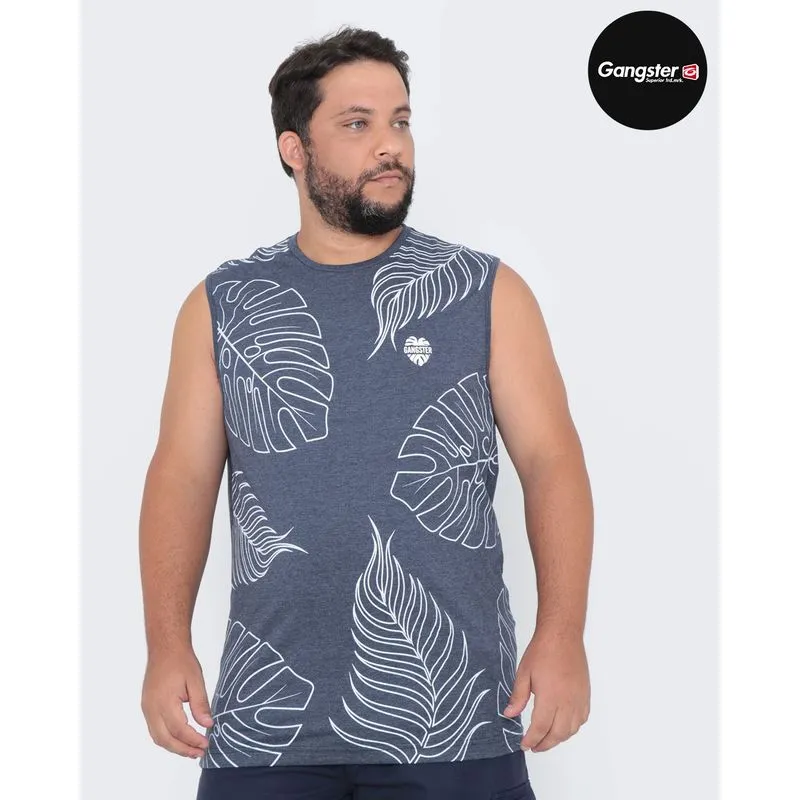 Regata Masculina Plus Size Estampada Folhas Gangster Cinza Escuro G1