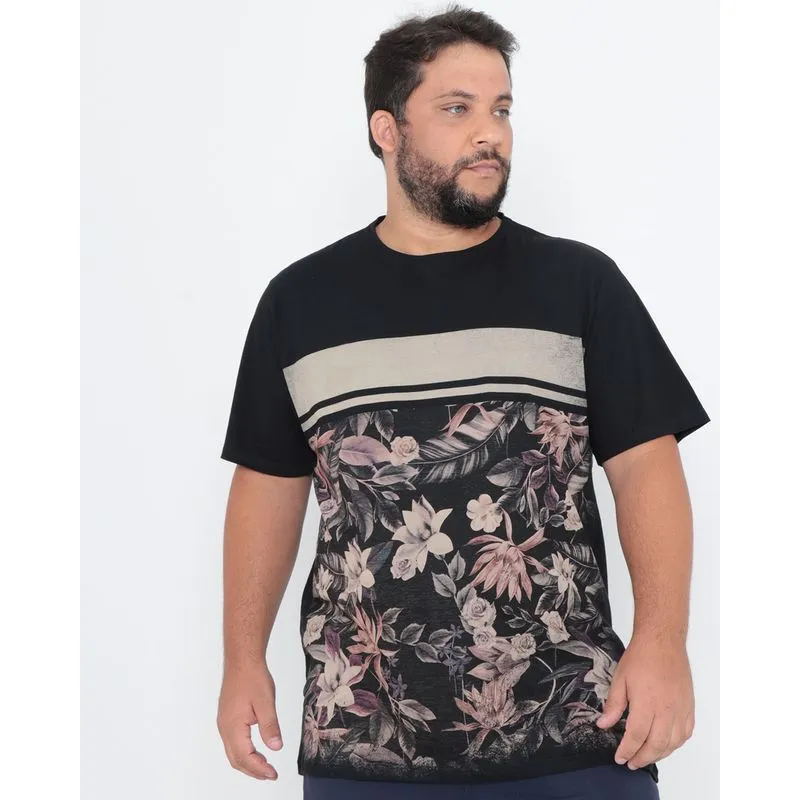 Camiseta Plus Size Estampa Floral Preta G3