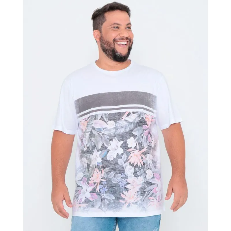 Camiseta Plus Size Manga Curta Estampa Floral Branca G1
