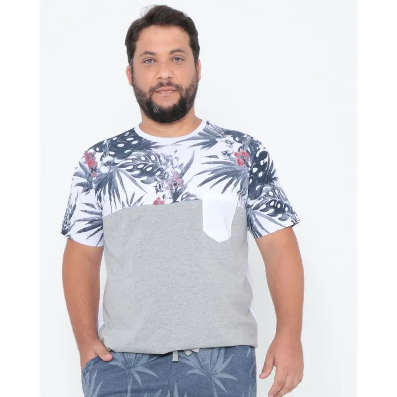 Camiseta Plus Size Estampa Floral Recorte Branca Com Bolso G1
