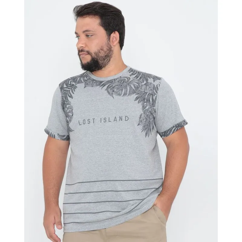 Camiseta Plus Size Manga Curta Estampa Folhas Cinza G1
