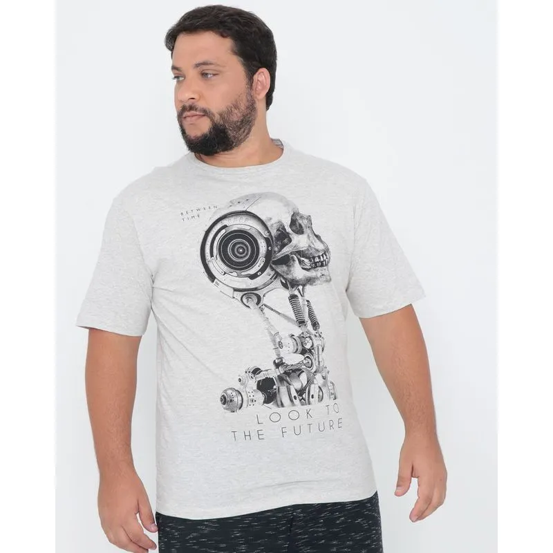 Camiseta Plus Size Estampa Escrita Cinza Claro G1