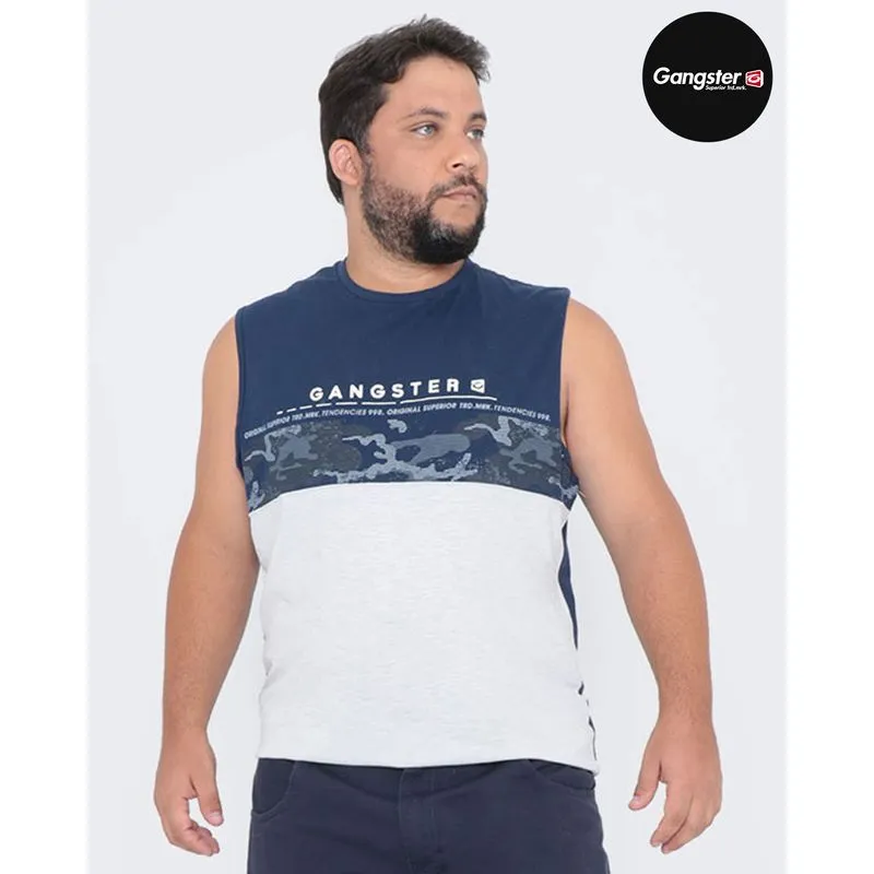Regata Masculina Plus Size Estampada Gangster Recorte Azul G3