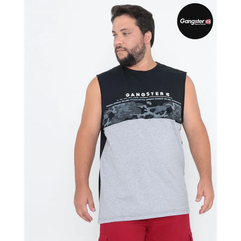 Regata Masculina Plus Size Estampada Gangster Recorte Preta G1