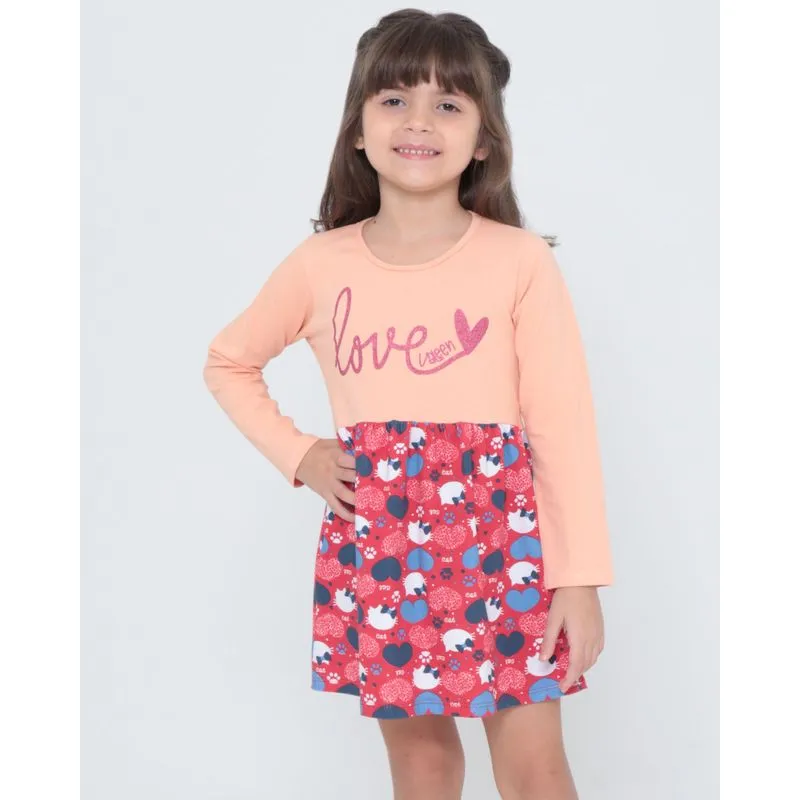 Vestido Infantil Manga Longa Estampa Gata Laranja 4