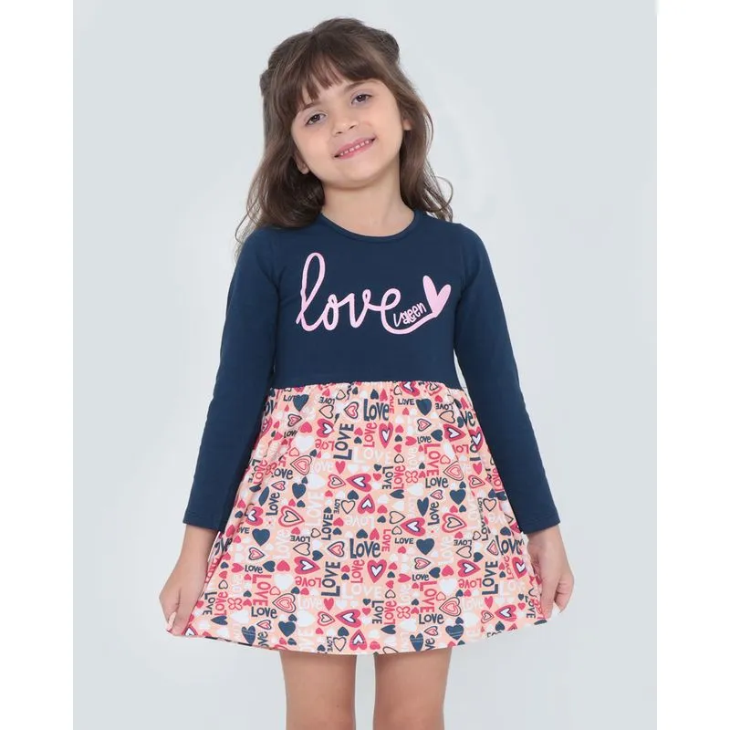Vestido Infantil Manga Longa Estampa Love Azul Marinho 4