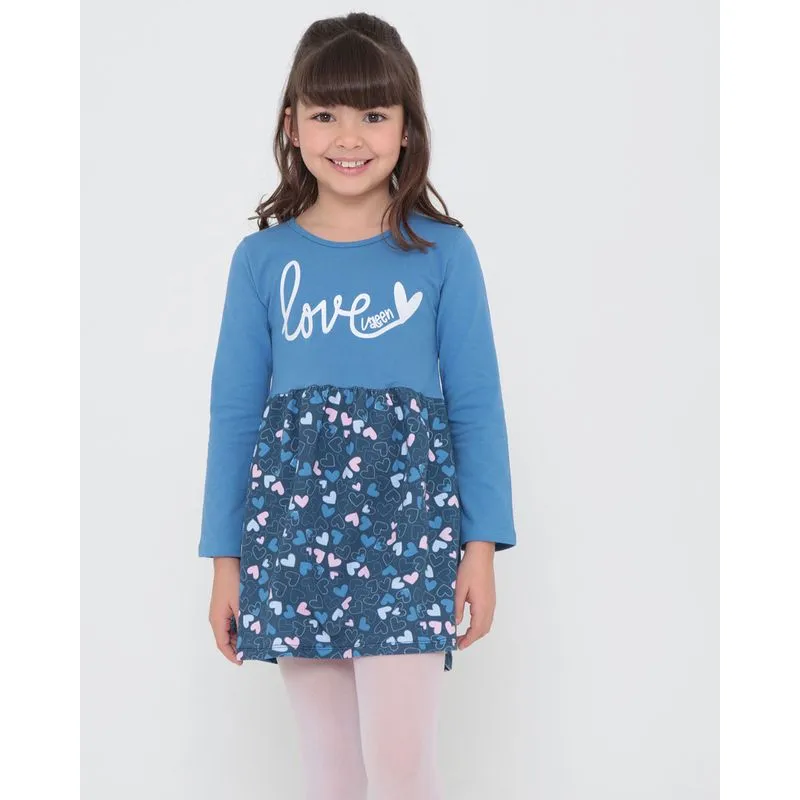 Vestido Infantil Manga Longa Estampa Corações Azul 8