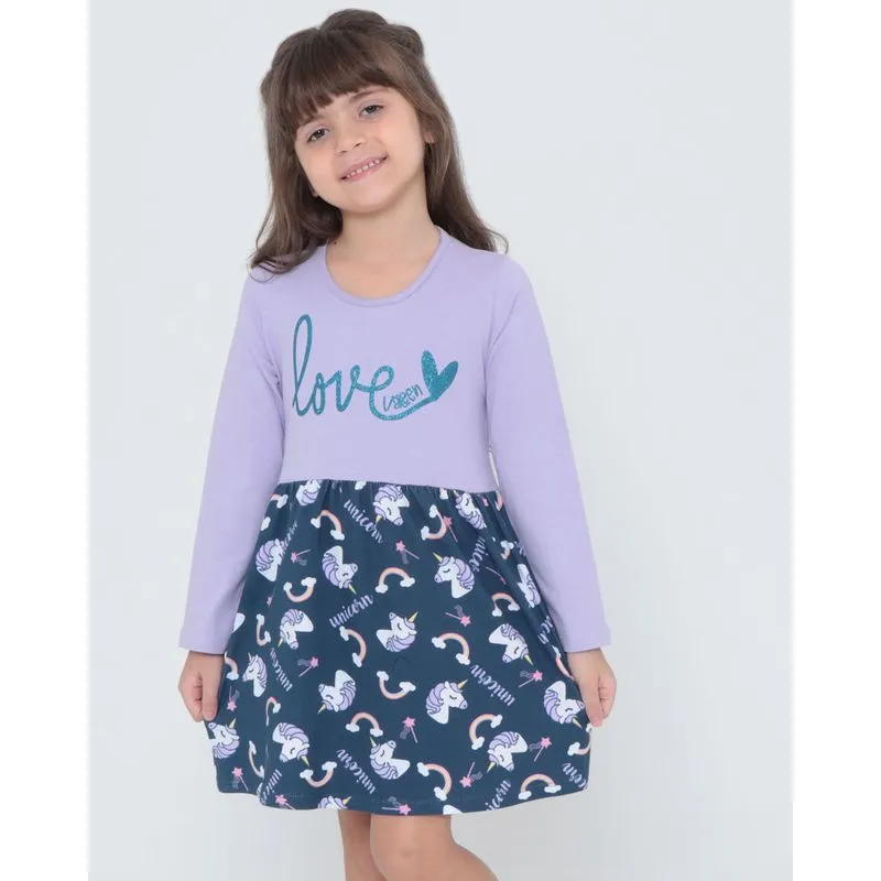 Vestido Infantil Manga Longa Estampa Unicórnio Lilás 6
