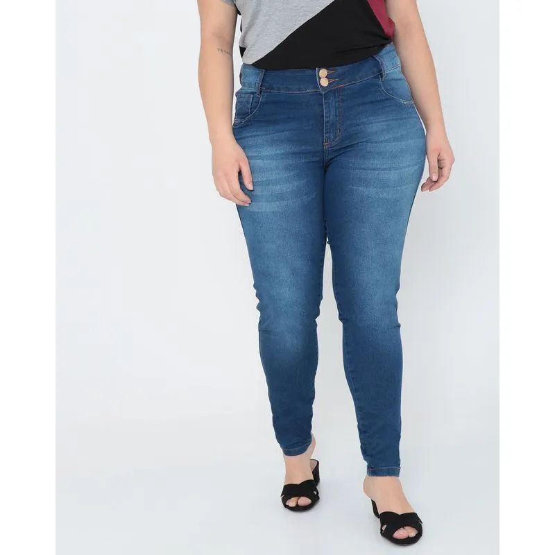 Calça Jeans Feminina Plus Size Skinny Azul 46