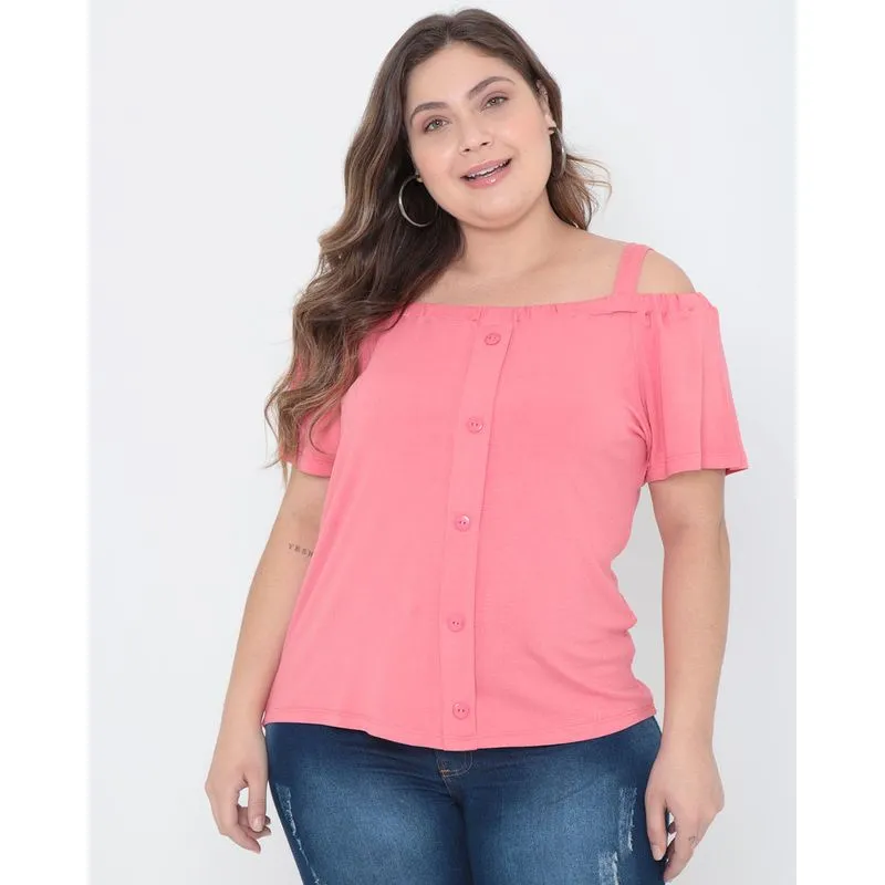 Blusa Plus Size Ciganinha Lisa Com Botões Rosa G3