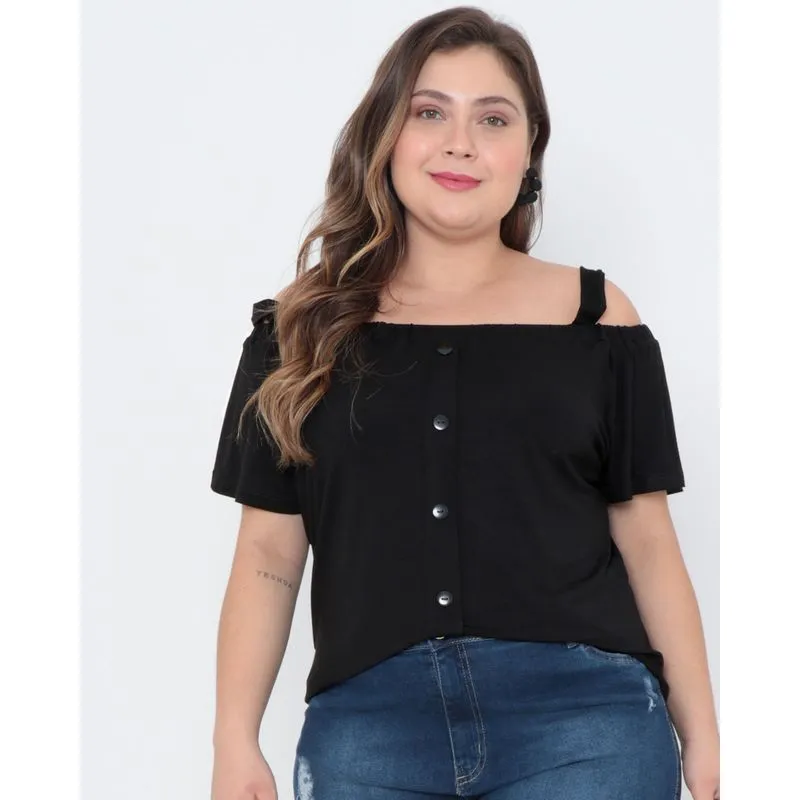 Blusa Plus Size Ciganinha Lisa Com Botões Preta G2
