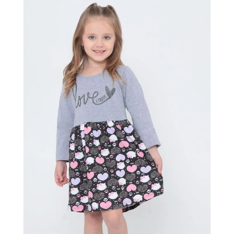 Vestido Infantil Manga Longa Estampa Pandas Cinza 8