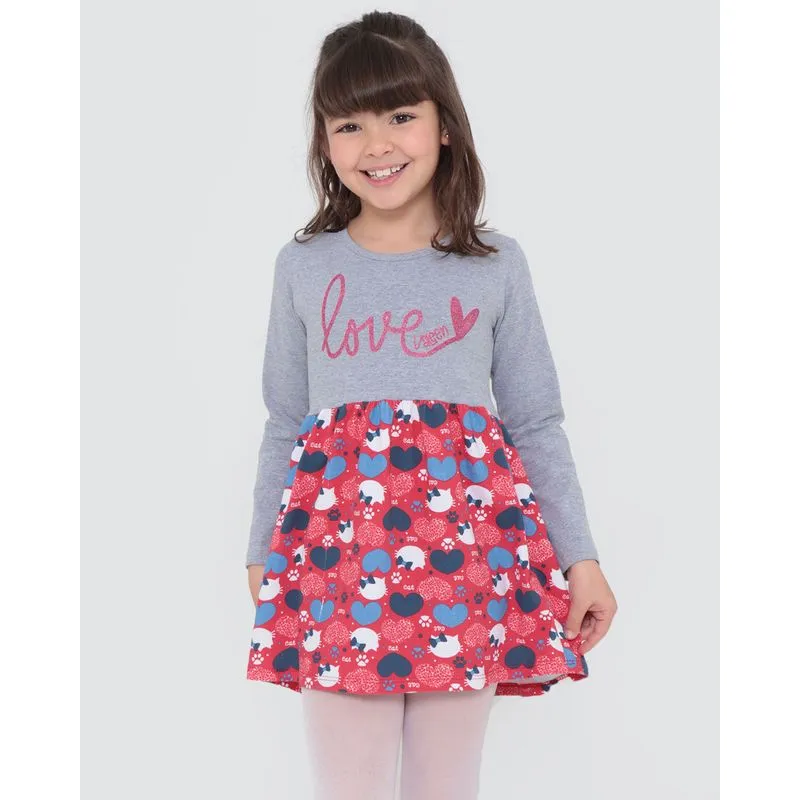 Vestido Infantil Manga Longa Estampa Gata Cinza 8