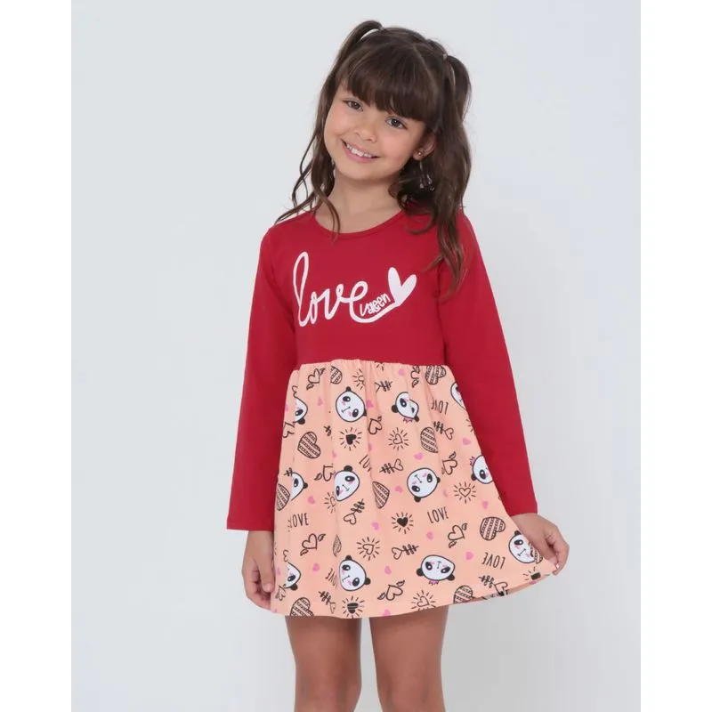 Vestido Infantil Manga Longa Estampa Pandas Vermelho 8