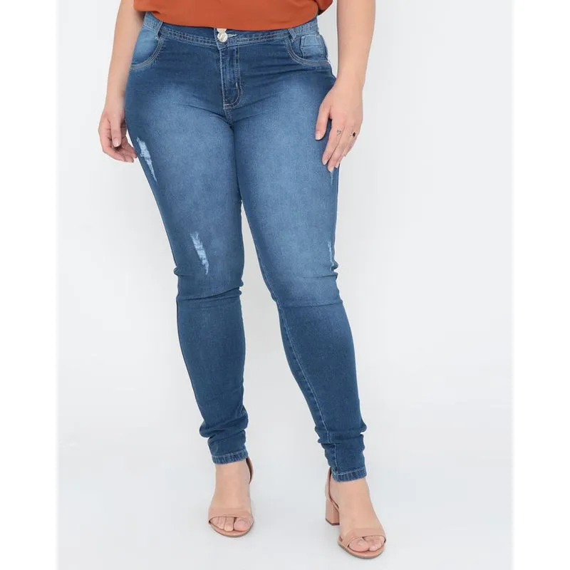 Calça Jeans Feminina Plus Size Puídos Azul 52