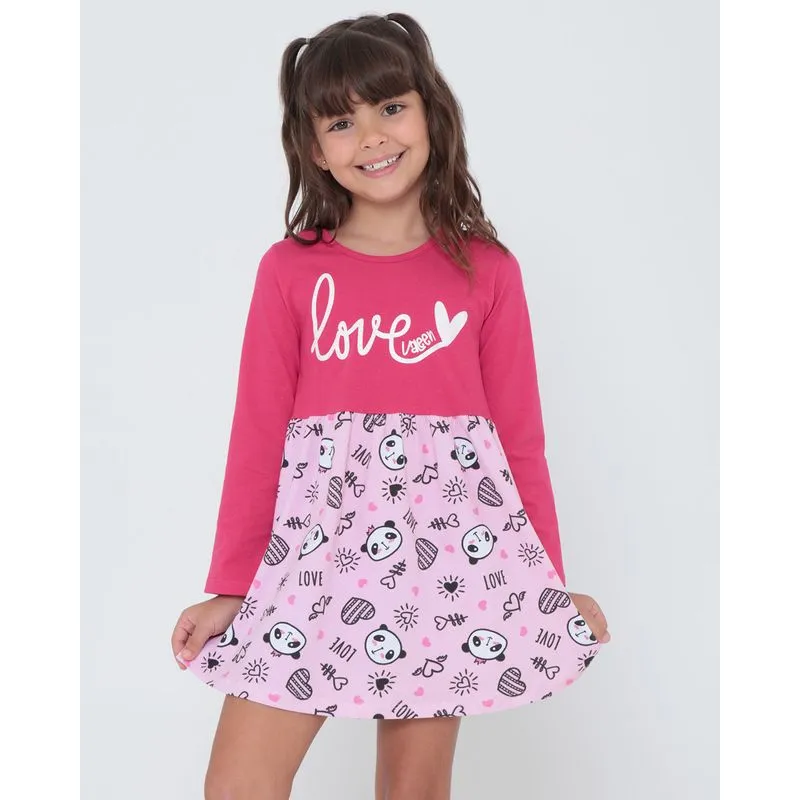 Vestido Infantil Manga Longa Estampa Pandas Rosa 8