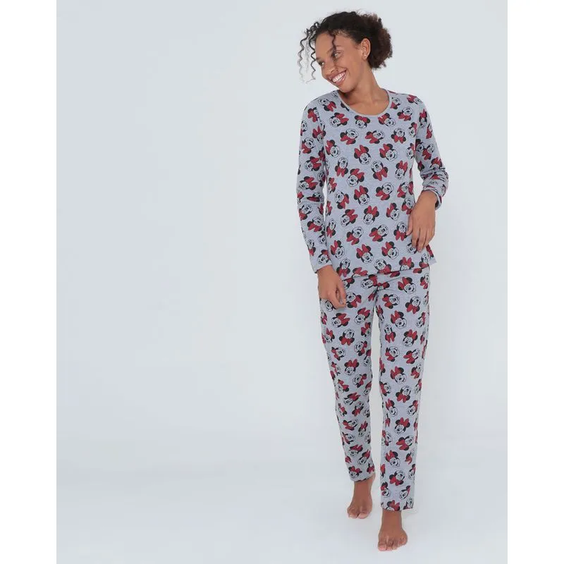 Pijama Longo Minnie Disney Cinza e Vermelho GG